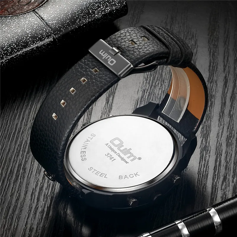 Oulm 3741 relógio de pulso masculino, relógio de quartzo esportivo para uso ao ar livre com pulseira de couro preto, marca de luxo