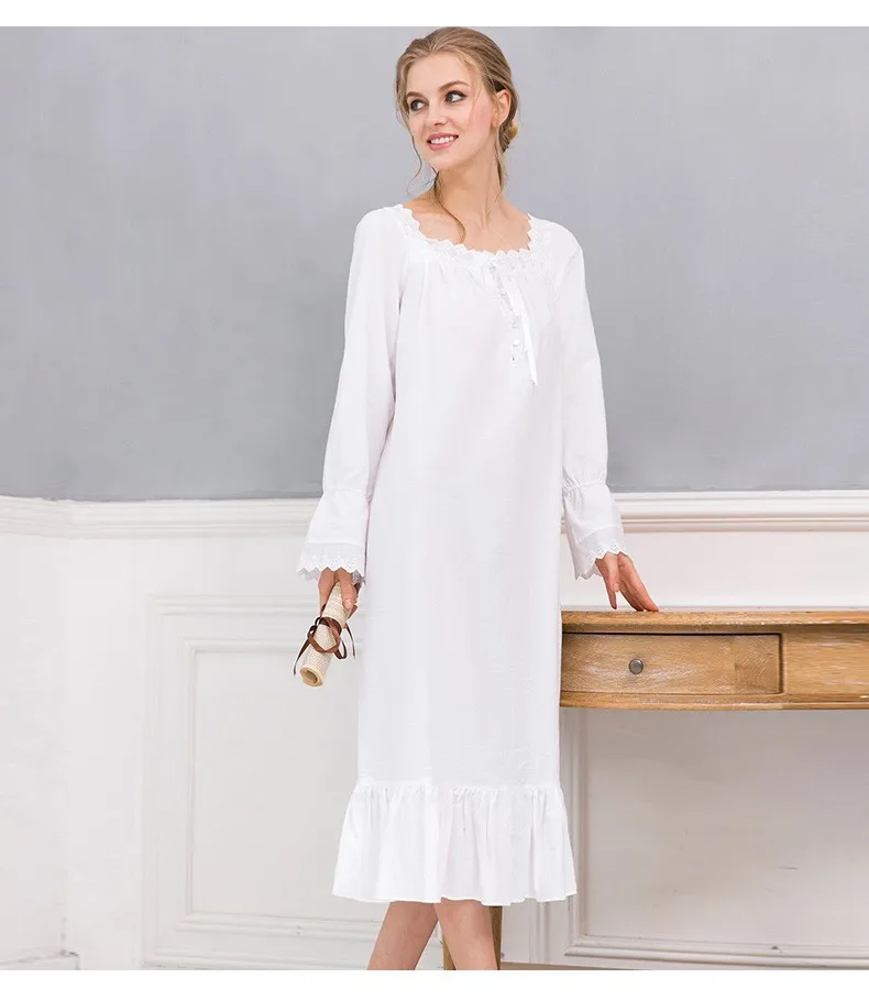 100% Cotton Plain White Cotton Nightshirts Women's Long Sleeve Plain
