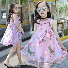 Flores de Organza Estampados sólida Vestido de Crianças Vestidos de Meninas de Verão 2016 Meninas Vestido de Festa Vestido de Verão Kid Vestido Sem Mangas Rosa Roxo