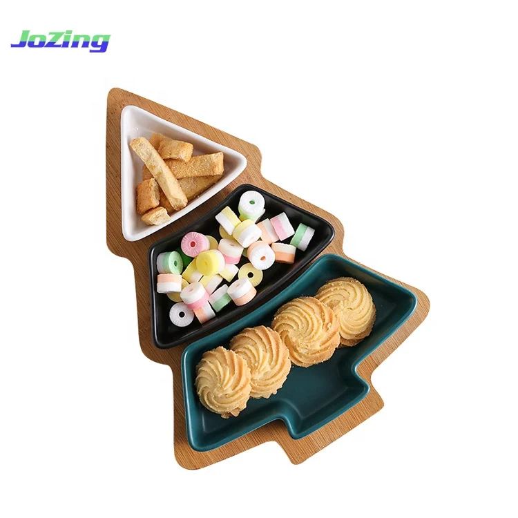 Christmas Tree Shaped Plate Ceramic Dessert Platter And Damboo Tray