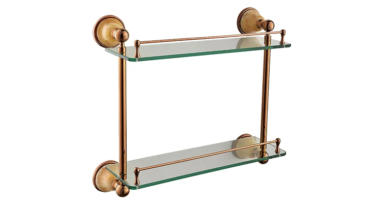 Luxury High-end Dual Tier Corner Brass Yellow Onyx Bathroom Glass Shelf