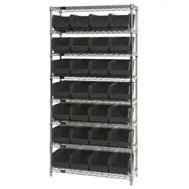 Wire Shelving With (28) Giant Plastic Stacking Bins Black, 36x14x74