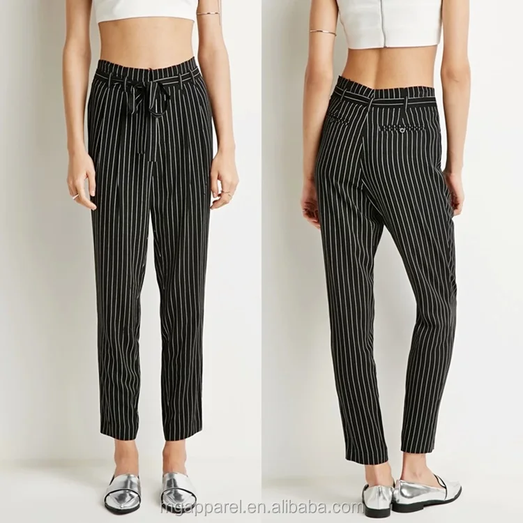 ladies black and white striped trousers