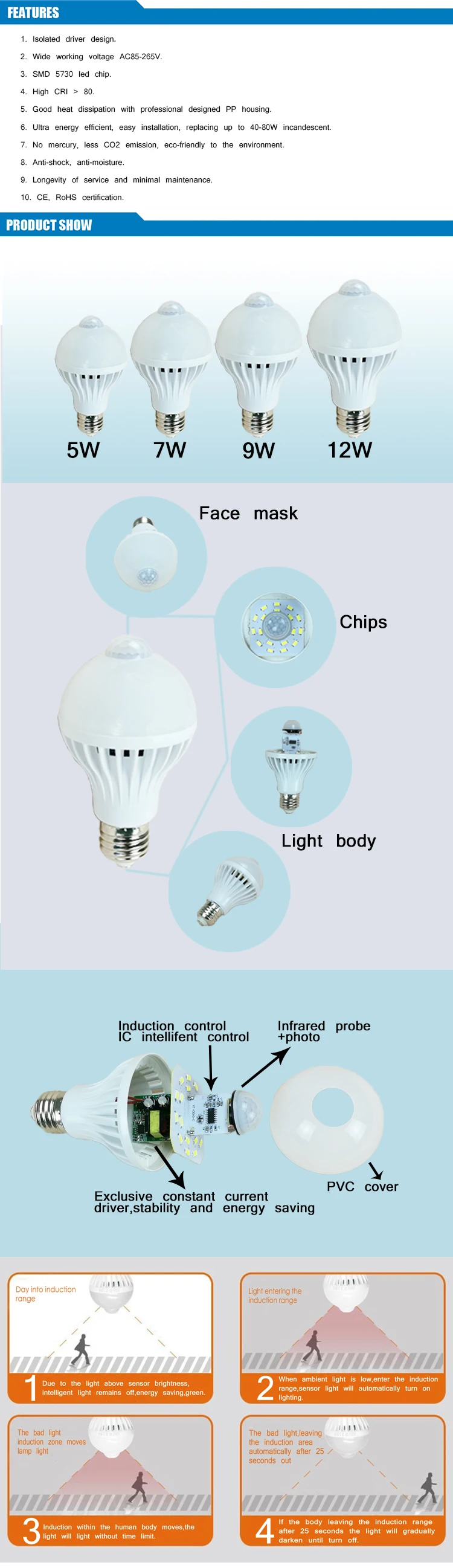 5730 SMD Led Bulb Light With pir Motion Sensor
