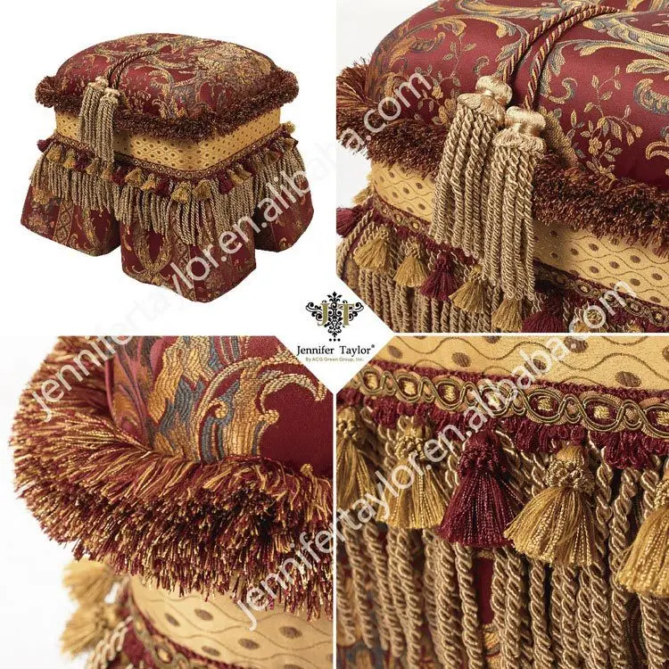 Jennifertaylor Fabric Round Ottoman With Ribbon Fringe,Tassel Trim