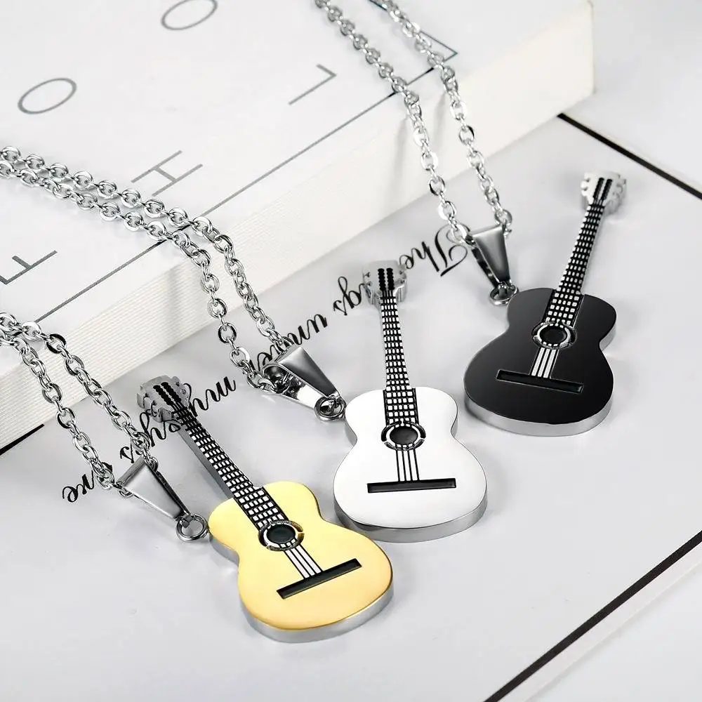Jewelry Fashion Mens Stainless Steel Music Necklace Electric Guitar Titanium Steel Pendant 