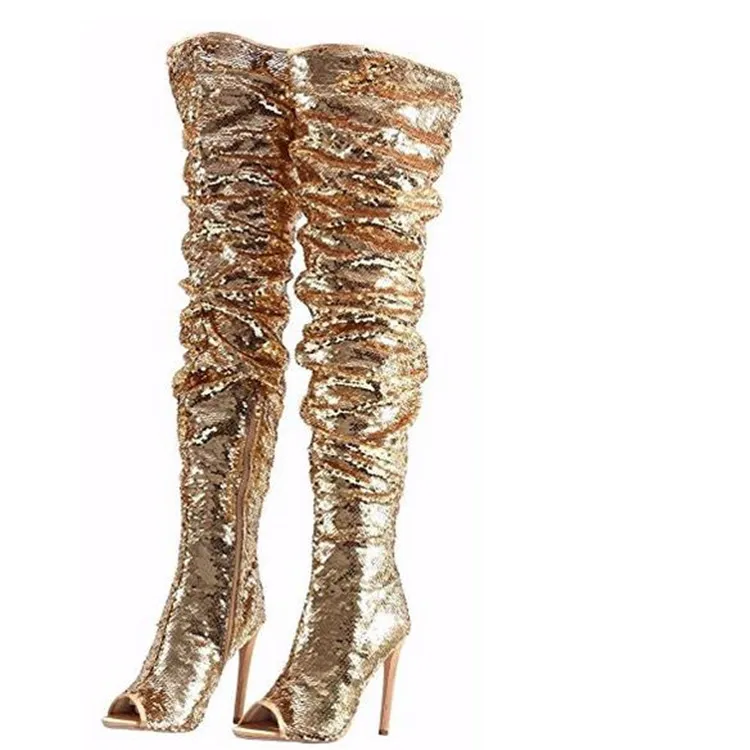 Fashion Peep Toe Sparkle Sequins Thigh High Over Knee High Heel Party ...