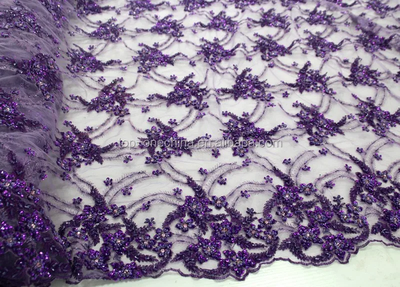 purple beaded lace fabric