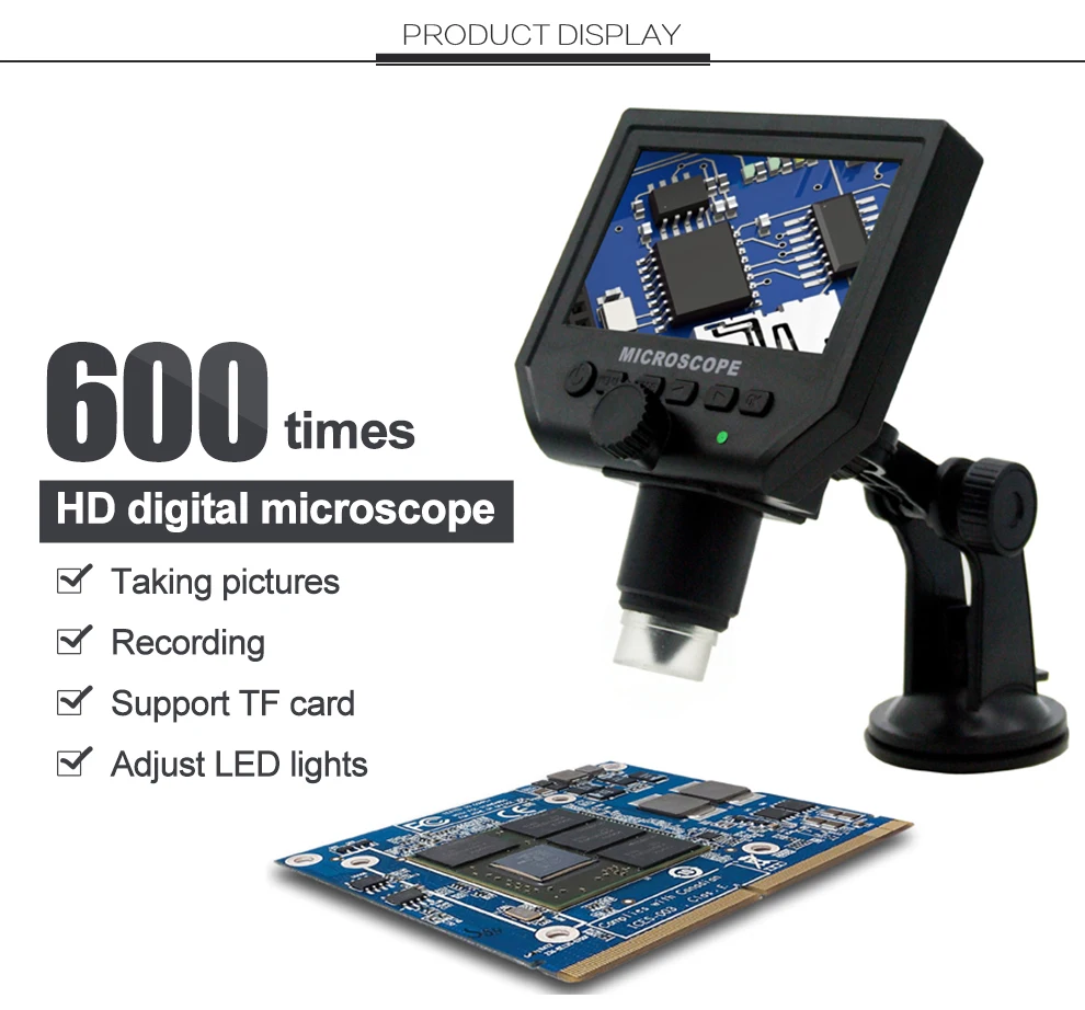 600X Digital Microscope 4.3" LCD USB Mini microscopio Video Camera Recorder HD 3.6 Mega Pixel with 1080P/720P/VGA Wide Usage