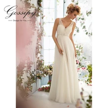 Sexy Backless Wedding Dress 2015 Chiffion A-Line vestidos de noiva V-Neck Button Cheap Summer Dress With Beaded Appliques X6