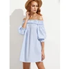 Blue and white stripe 3/4 puffy sleeve boat neck sexy corset short dress