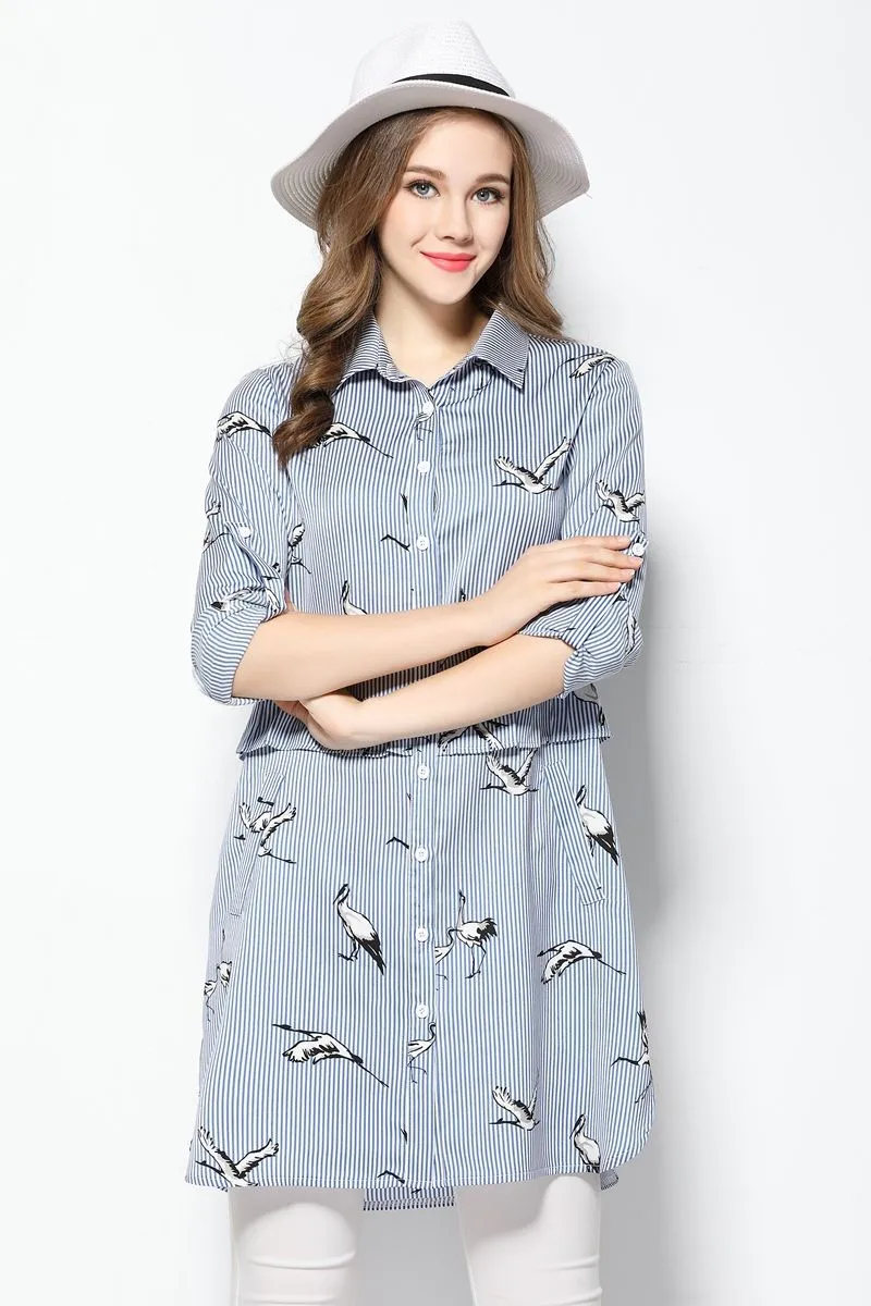 Wholesale 2017 Fat Ladies Fashion Blue Striped Printed Turn Up Sleeve