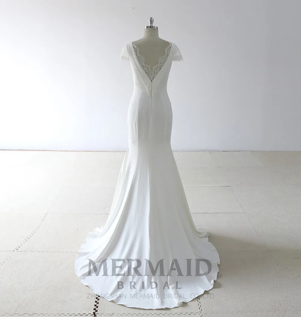 Mermaid V Neck Wedding Party Tail Bridal Gown Open Low Back
