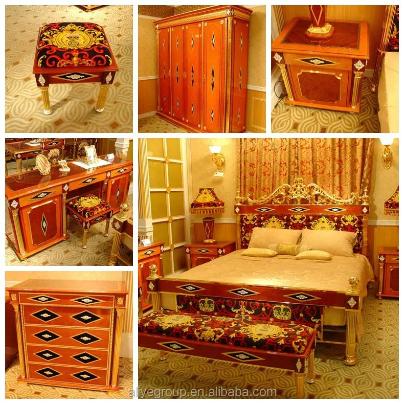 Luxury Gold Painting Bed,Antique 24k Gold Leaf Carved Bedroom Set