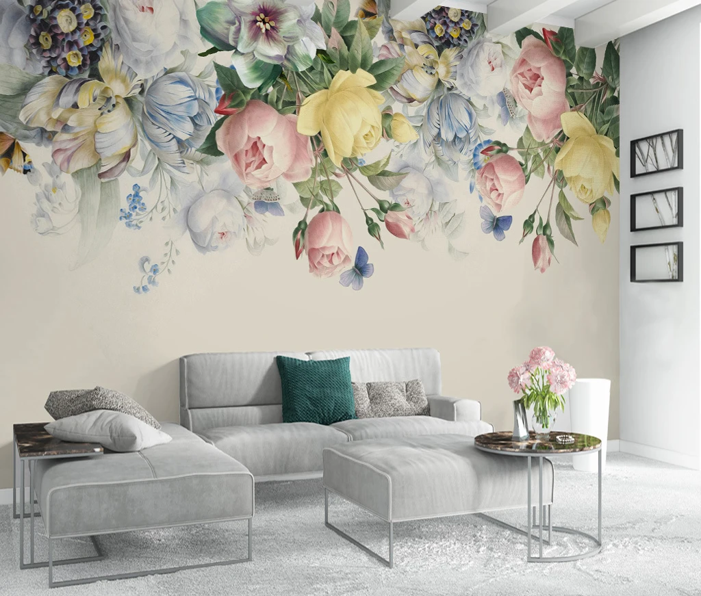 Фрески Аффреско и обои с цветами в интерьере