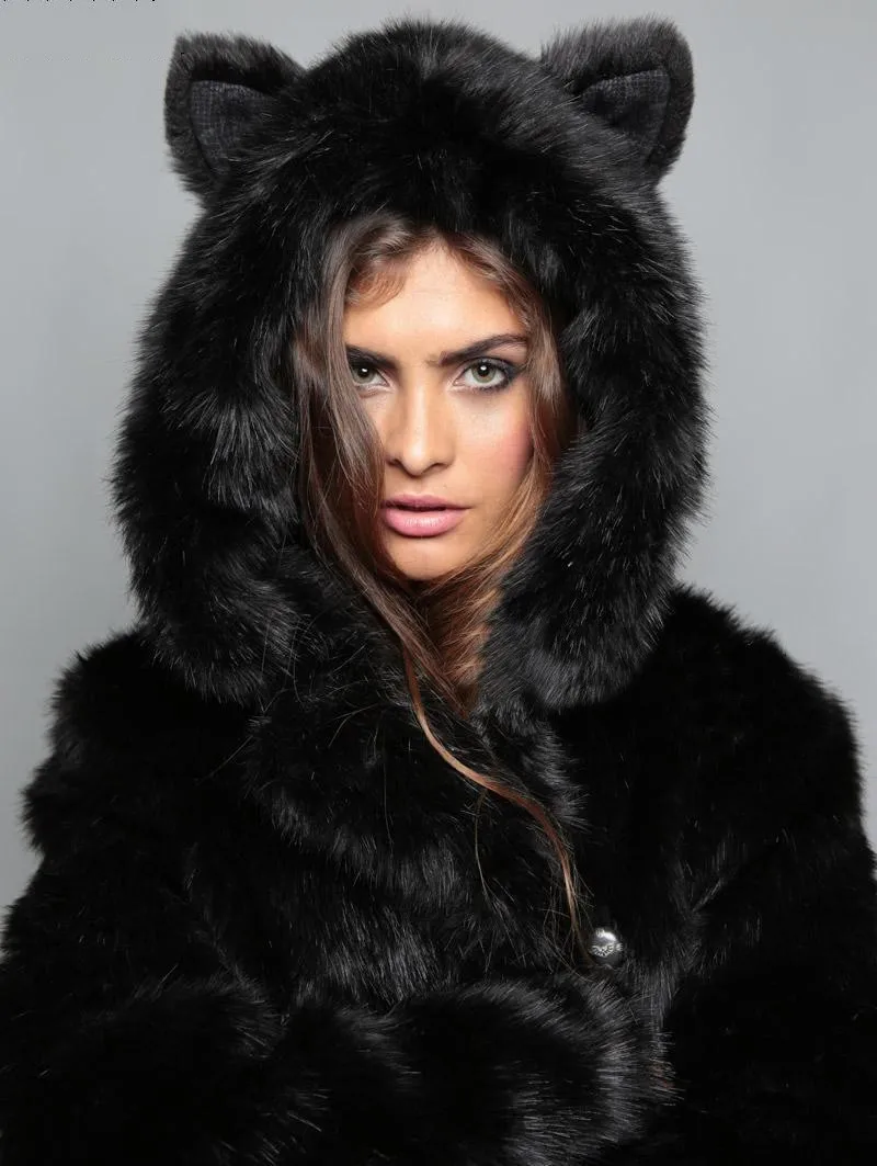 Fashion Winter Women Faux Fox Fur Coat Hooded With Cat Ears Thick Warm Long Sleeve Black Fake Fur Jacket gilet fourrure