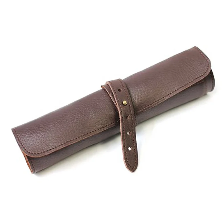 Customized Fashion College Student Snap Button Leather Pen Pencil Wrap Roll Case Holder Stationery