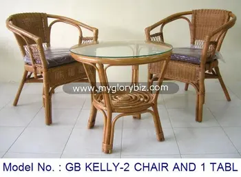 Modern Natural Rattan Set For Indoor 2 Chairs 1 Glass Top Table