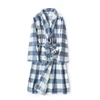 Microfiber Robe Two Side Polar Fleece Blue Plaid Men's Bathrobe