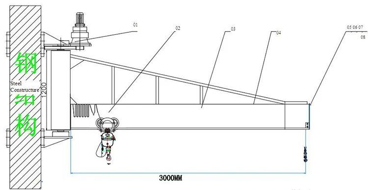 180 degree rotating wall monted jib crane 3 ton