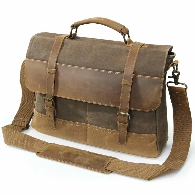 15.6 Inch Waterproof Vintage Waxed Canvas Genuine Leather Laptop Bag Computer Shoulder Handbag ...