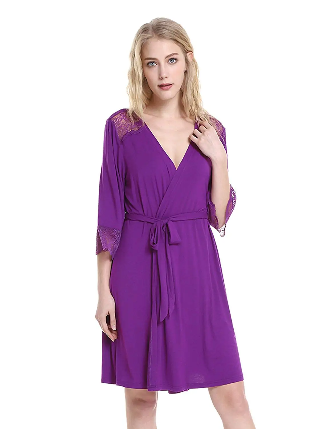 ZAN.STYLE Women's Sleepwear Soft Jersey Knit Robe Bathrobe Lightweight Kimono Robe with Lace Trim