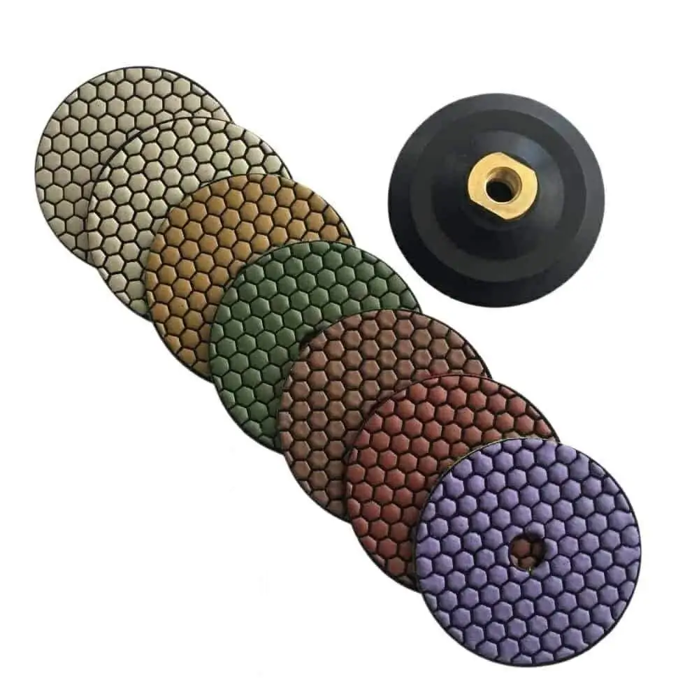 Diamond 6" Dry Polishing Pad 6 Inch DRY abrasive disc 7 Pieces + 6" rubber velcro backer for stone fabrication granite marble concrete quartz travertine masonry engineer stone repair maintenance renew