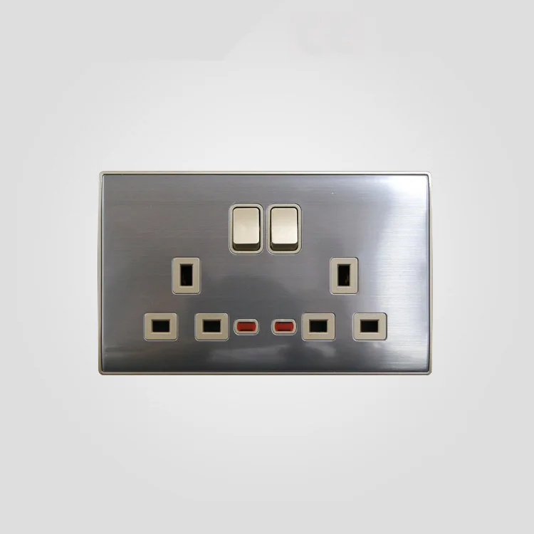 Stainless steel sliver double 13A UK wall light switch socket with led indicator