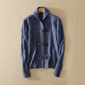 Women s pure cashmere knitted three buttons cardigan sweater with turn down collar solid color long