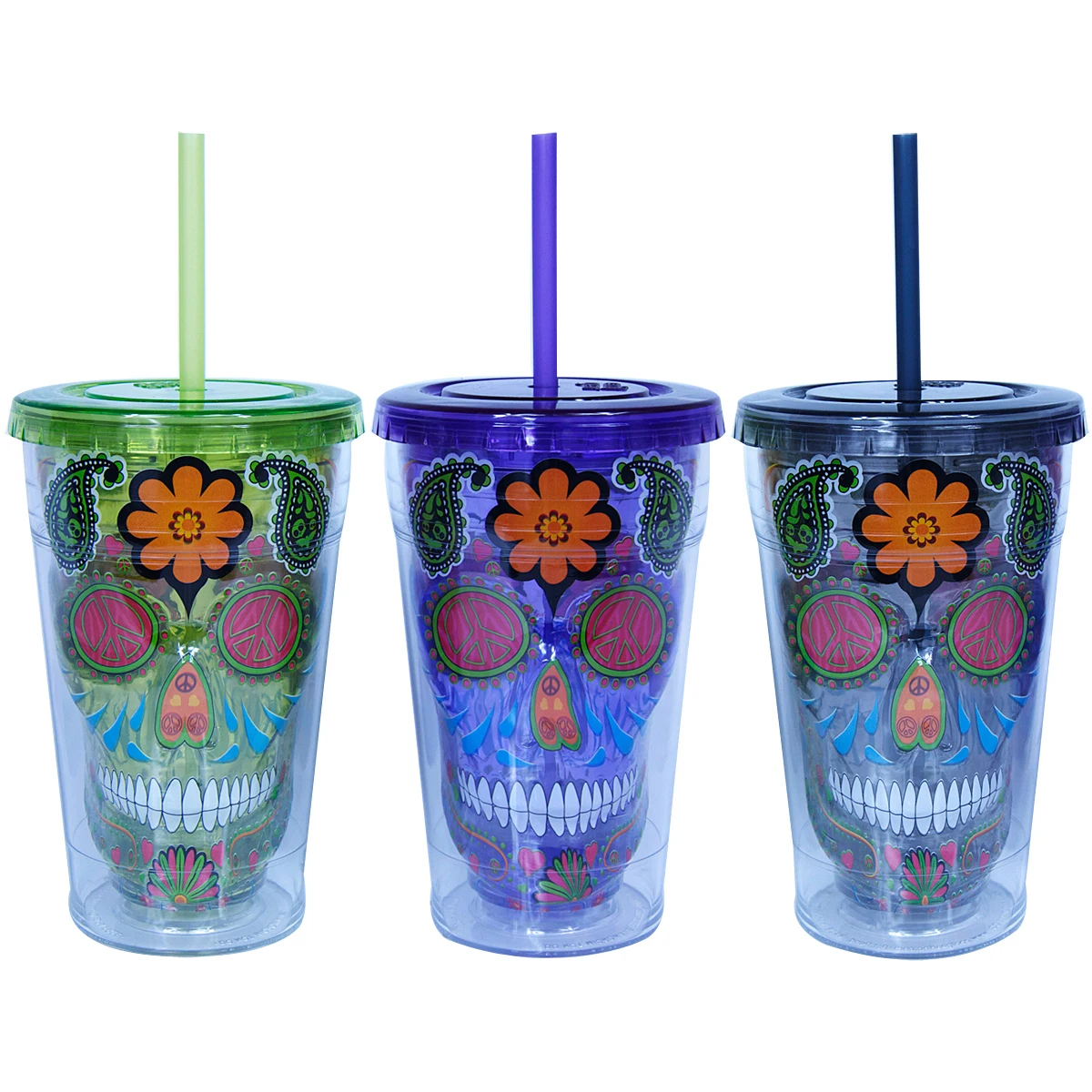 Halloween 16oz Double Wall Plastic Cranium Straw Tumbler,16oz Acrylic