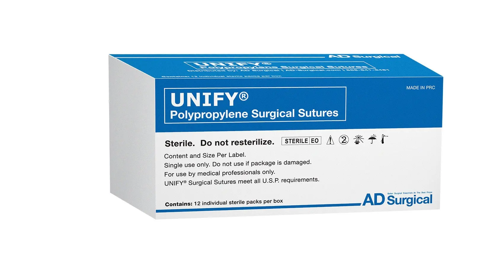 UNIFY Surgical Polypropylene Sutures. #M-P418R19 Non-Absorbable. Mono Blue. Size 4/0. 18"45cm Thread. 19mm 3/8 Circle R/C Needle (FS-2/C-6). 12 Foil Packs/Box.