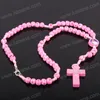 Wholesale handmade european style religious pink flowers wooden beads rosary necklace