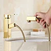 WANFAN Gold Finish Pull out Square Bathroom Sink faucet, Hair washing Single Hole Mixer vanity Vessel Taps 9016K