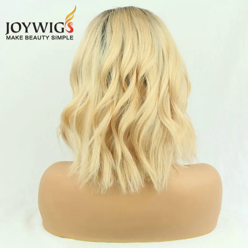 Wavy Bob Wigs Brazilian Human Hair Weave Honey Blonde Dark Roots