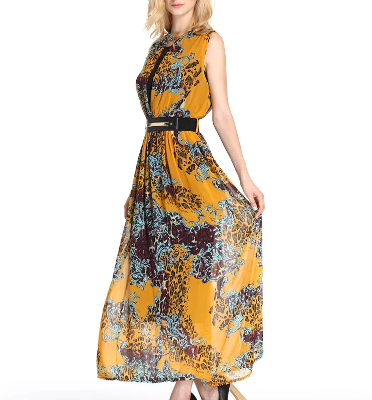 Women Casual One Piece Dress In Floral Print Long Yellow Dresses Chiffon New Style - Buy Long 