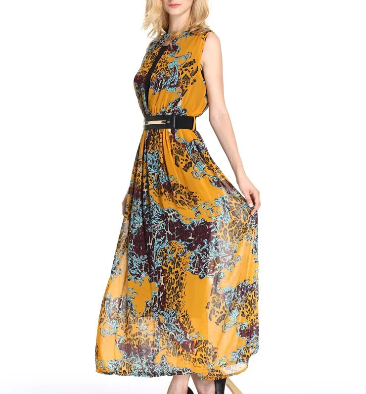 Women Casual One Piece Dress In Floral Print Long Yellow Dresses 