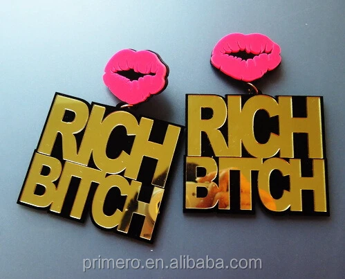 primero brand hip hop punk letter rich bitch acylic earrings for