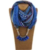 Queena Colorful Printed Chiffon Round Neck Acrylic Bead Necklace Pendant Scarf