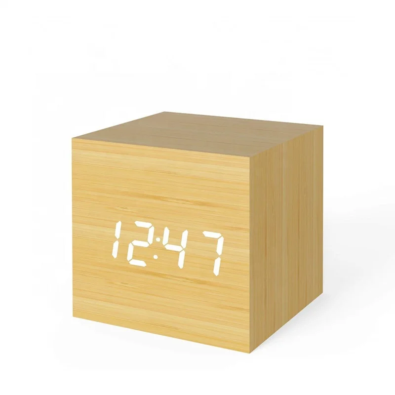 Wood LED Light Mini Modern Cube Desk Alarm Clock Displays Time Date Temperature Kids, Bedroom, Home, Dormitory