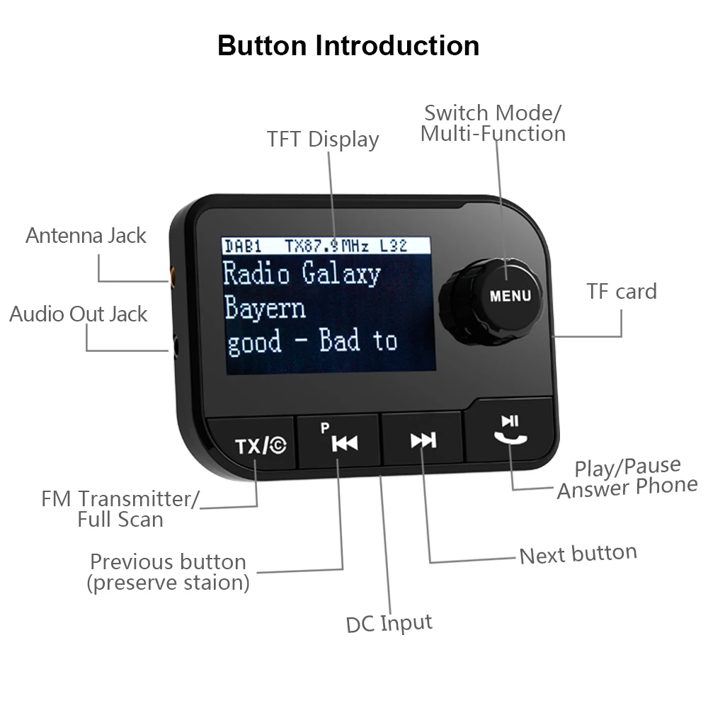 DAB / DAB+ dab receiver with fm transmitter in car digital radio player smartphone usb charger and fm radio mini digital speaker