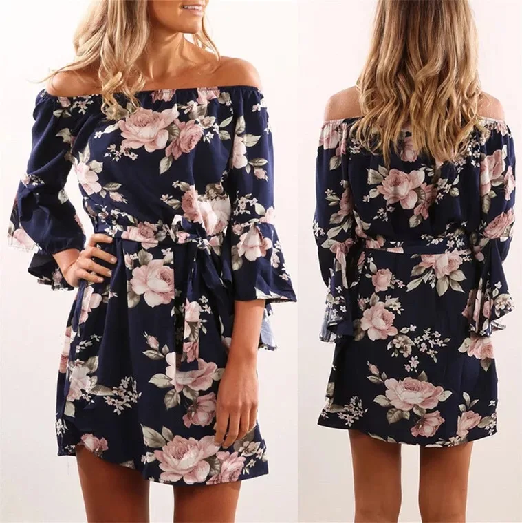 Women Sexy Off Shoulder Floral Print Chiffon Dress Vestidos de fiesta Boho Style Short Party Beach Dress