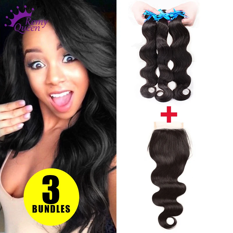 body wave indian virgin hair lace closure 3 bundles human hair remy queen hair with closure