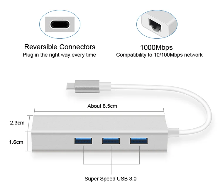 Adaptor USB Ethernet Card , 1 Port USB to RJ45 Network With 3 Port USB Hub