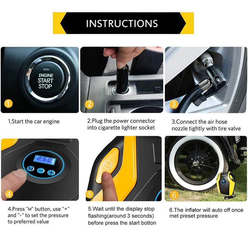 150PSI Electric Tire Inflator Portable Air Compressor with Digital Display and Emergency LED Lighting