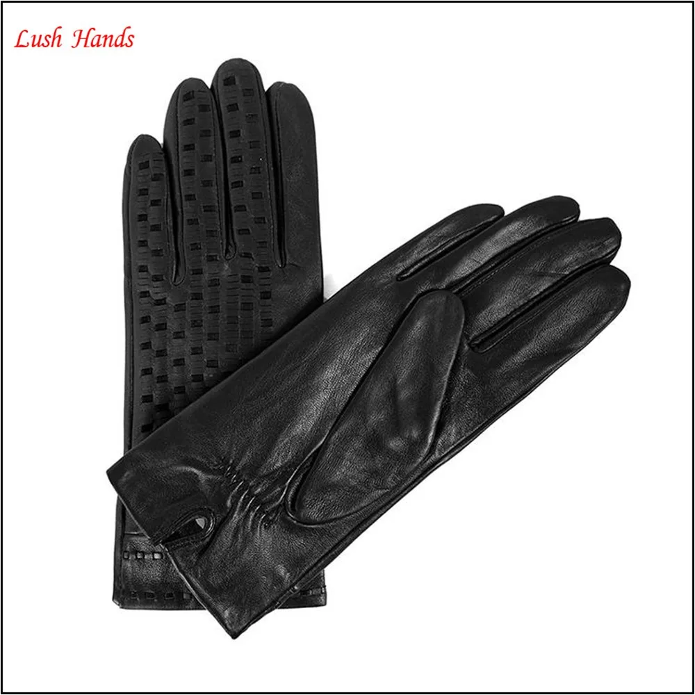 Women Lambskin Leather Holes Design Black Gloves