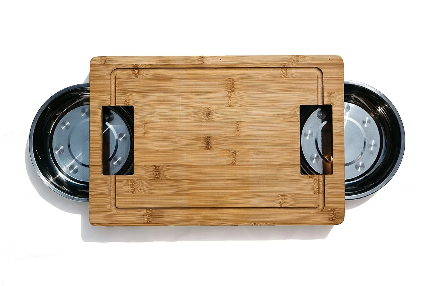 deluxe bamboo meat cutting board with stainless steel bowl