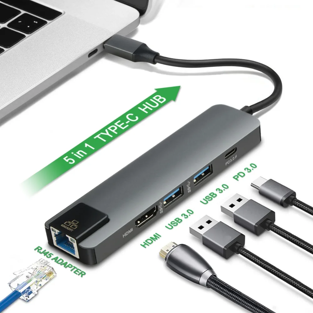 5 in 1 USB Type C Hub Hdmi 4K USB Hub to Rj45 Lan Adapter for Macbook - ANKUX.COM