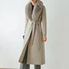 Boutique office lady winter fur collar walking overcoat slim fit double side wool overcoat gray long jacket women wool coat