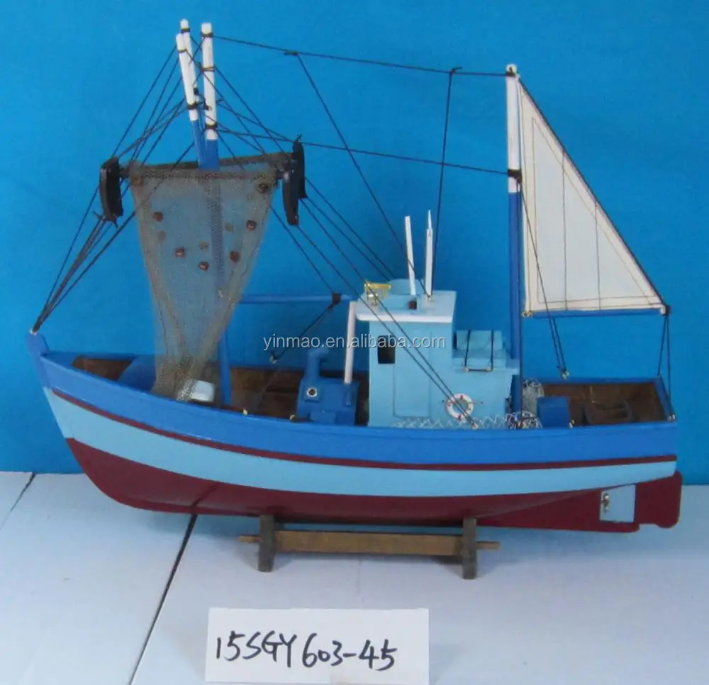 Wooden Crab/shrimp Boat Model With 2 Fishing Nets,Antique Grey