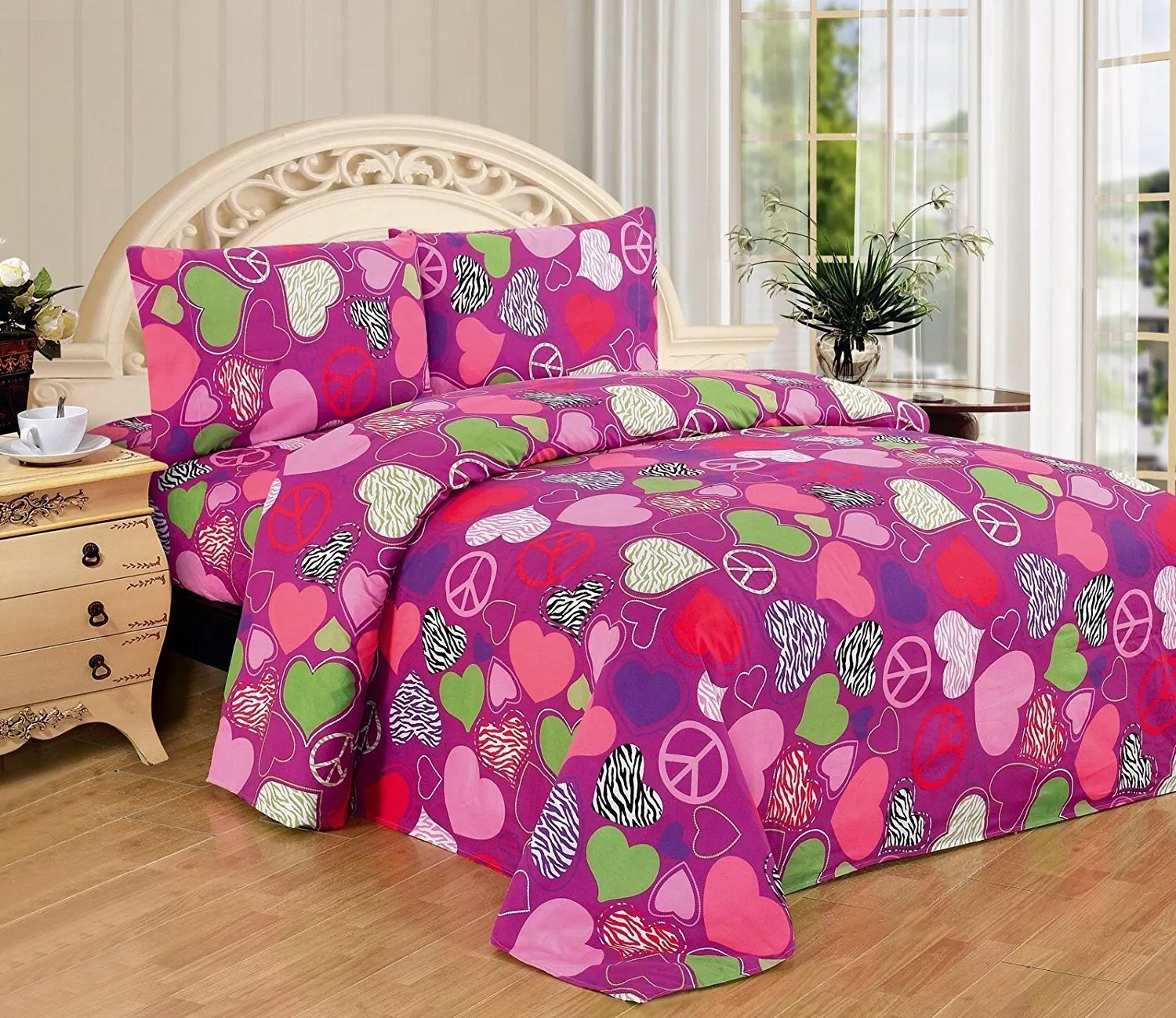 MK Home Mk Collection 3pc Twin Sheet Set Hearts Peace Signs Zebra Hot Pink Purple Green White Black Red Light Pink New